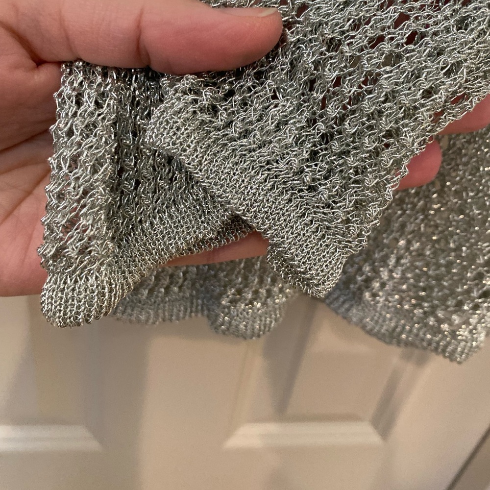 Cynthia Rowley Large Metallic Silver Crochet Mesh Knit Long Sleeve Layering Top - Picture 3 of 6